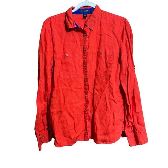 Lauren Ralph Lauren Top Womens Large Orange Linen Button Up Long Sleeve Blouse - Picture 1 of 8